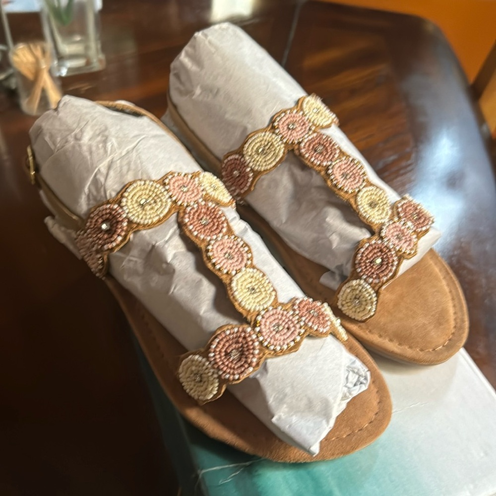 Bed Stu Beaded Sandals in Pink, Gold, Cream, and Brown